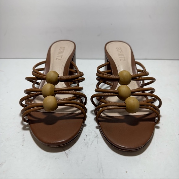 SCHUTZ Roanna Strappy Wood-Bead Brown Slide Block Heel Sandals Size 7.5 - Picture 5 of 14